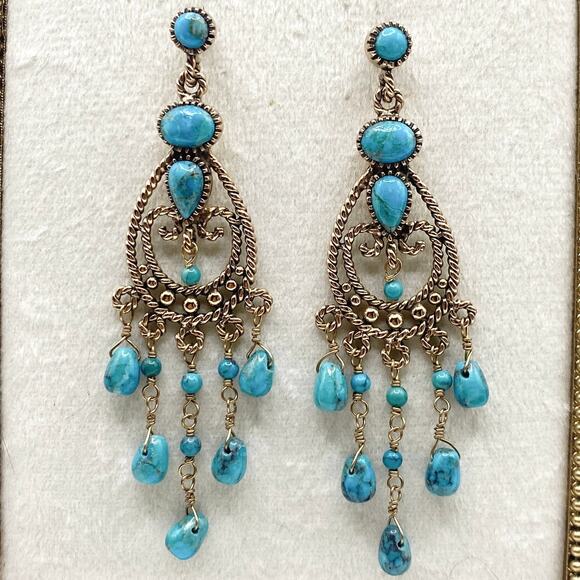 Barse Vintage Gold Filled And Turquoise Chandelier Dangling Studs Earrings 3” - Picture 3 of 6